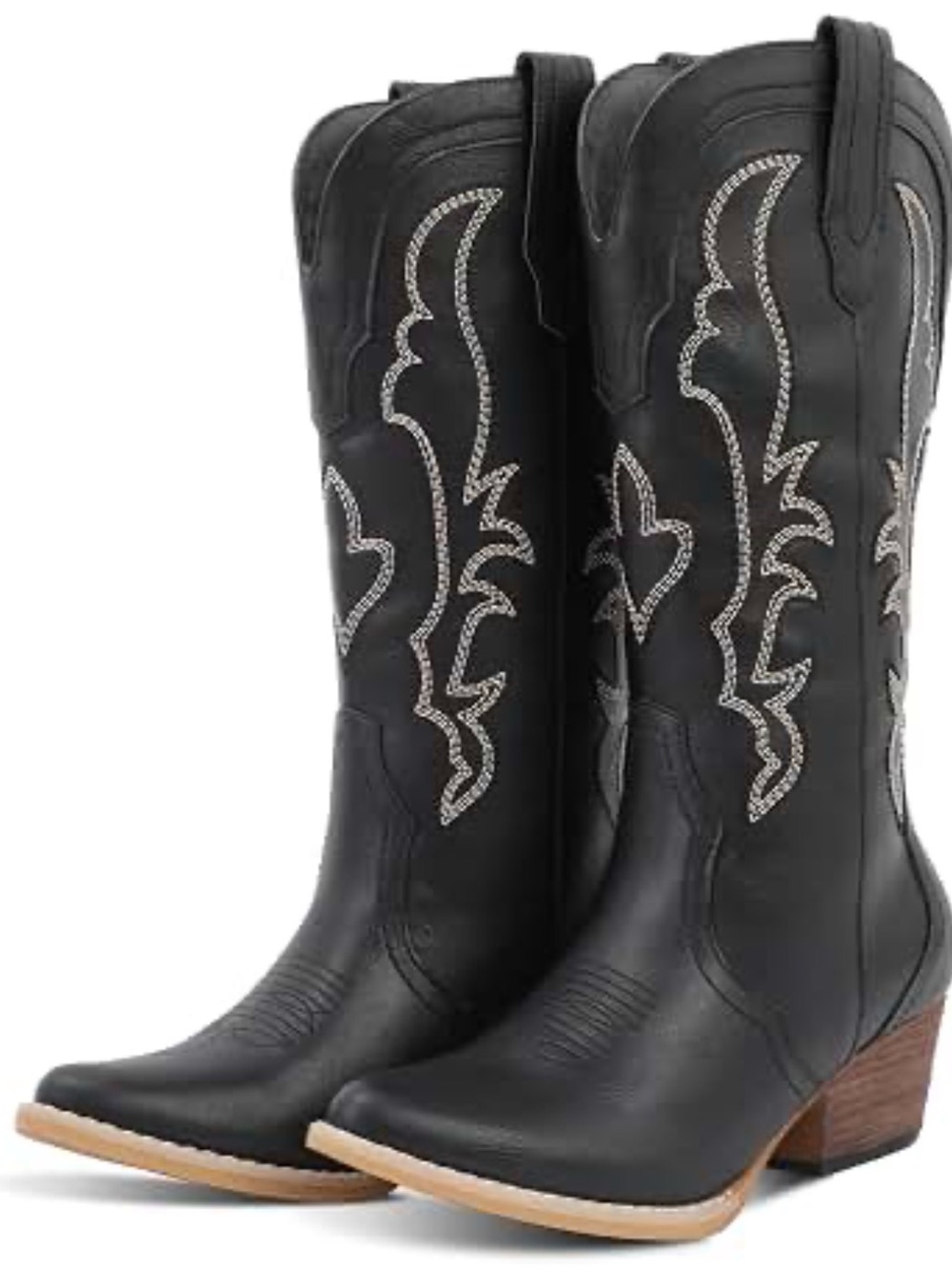 Women's Black Western Embroidered Mid-Calf Heeled Boots